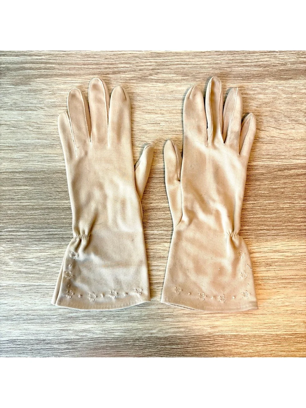 Vintage Taupe Embroidered Gloves  Mid-Century Style Tea Party Halloween Costume